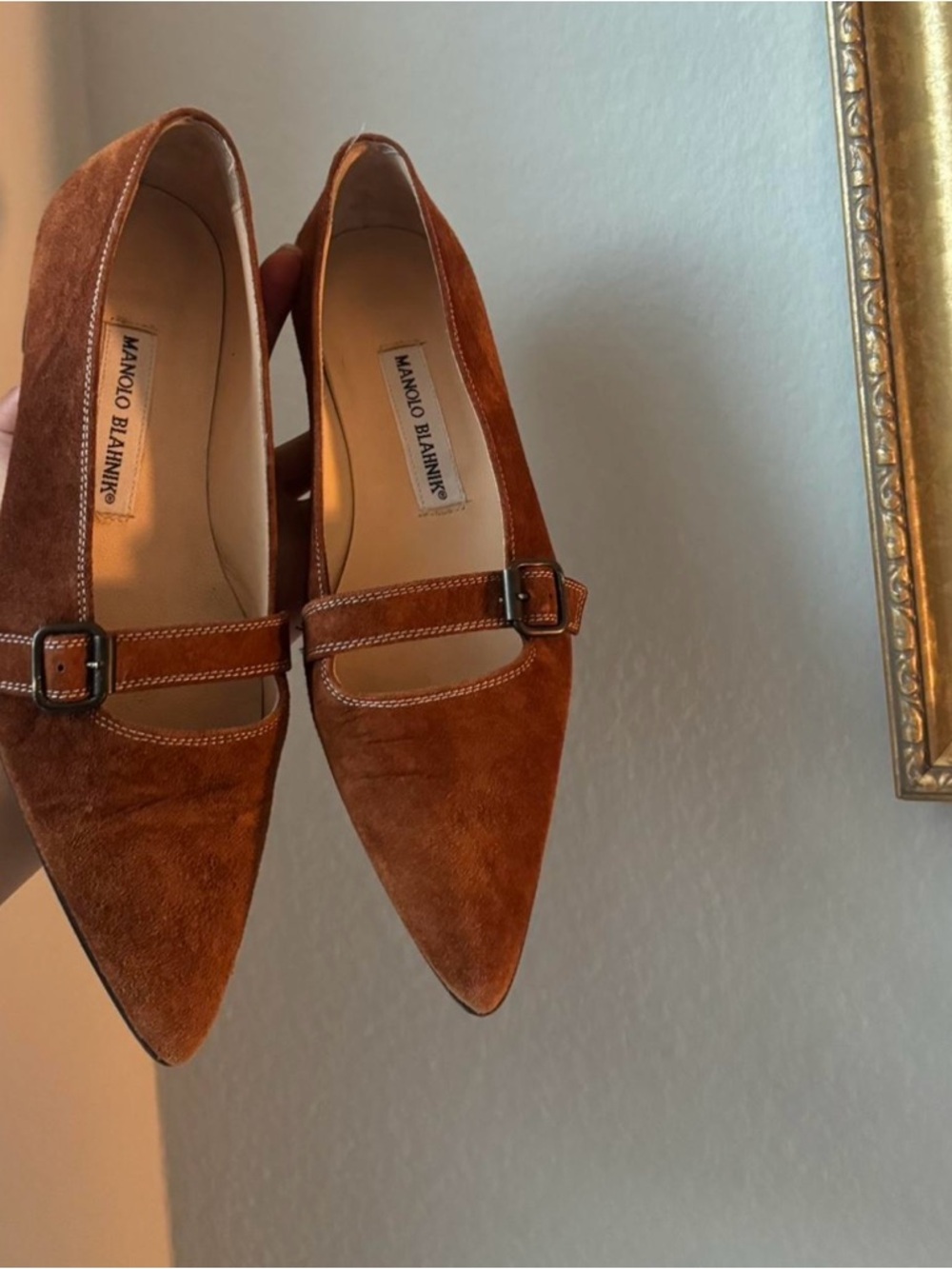 Manolo Blahnik Rust Suede Pointed Mary Jane Flats - Picture 3 of 3